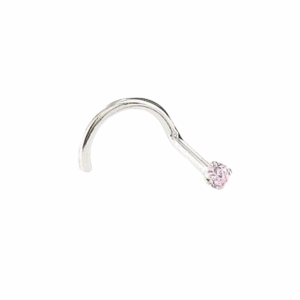 14kt white gold nose screw with a flat-set 2.0mm pink CZ gem in a martini-style setting. Low-profile, elegant, and ideal for healed nostril piercings.