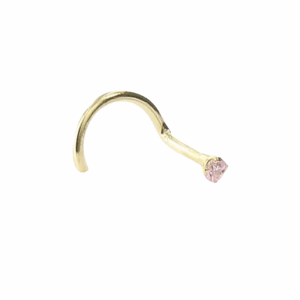14kt yellow gold nose curve with 1.5mm pink cubic zirconia in martini-style low-profile setting for healed nostril piercings