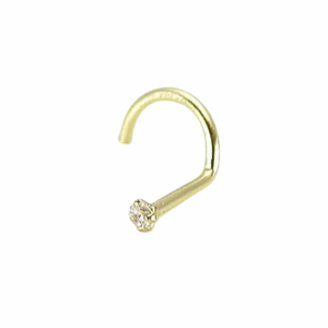 14kt yellow gold nose screw with 1.5mm crystal jewel in a flat martini-style setting for healed nostril piercings