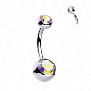 14g silver surgical steel belly bar with 5mm and 8mm aurora borealis gem balls
