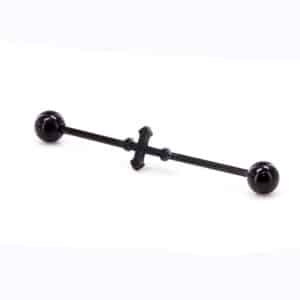 Black cross industrial barbell, 16g titanium-plated steel with 35mm length and 4mm ball ends