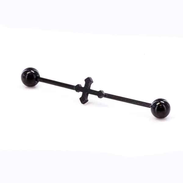Black cross industrial barbell, 16g titanium-plated steel with 35mm length and 4mm ball ends