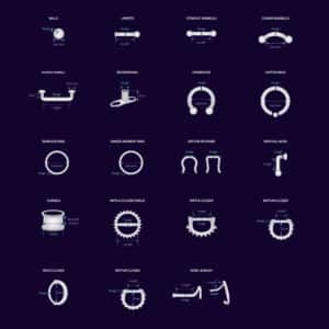 Metal Mafia body jewelry size chart diagram showing gauges, lengths, diameters, and styles for professional piercing jewelry.