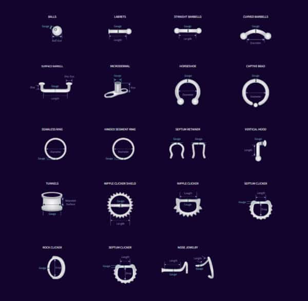 Metal Mafia body jewelry size chart diagram showing gauges, lengths, diameters, and styles for professional piercing jewelry.