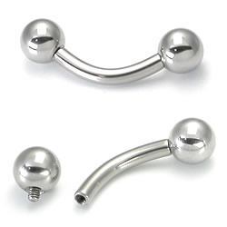 Close-up of 8g curved silver barbell in stainless steel with internal threading
