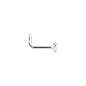 14kt white gold 2.0mm CZ nose screw with prong setting and right bend for healed nostril piercings