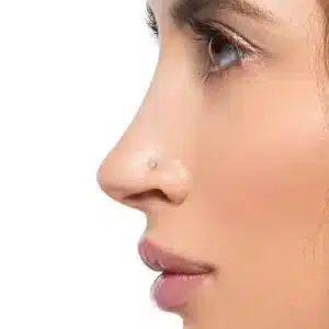 14kt white gold 2.0mm CZ nose screw with prong setting and right bend for healed nostril piercings