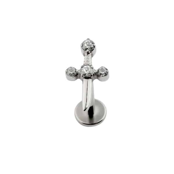 Silver titanium threadless labret with mini jewelled dagger design, 16g