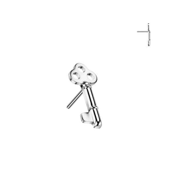 Silver titanium key-shaped threadless top for lobe or helix piercing