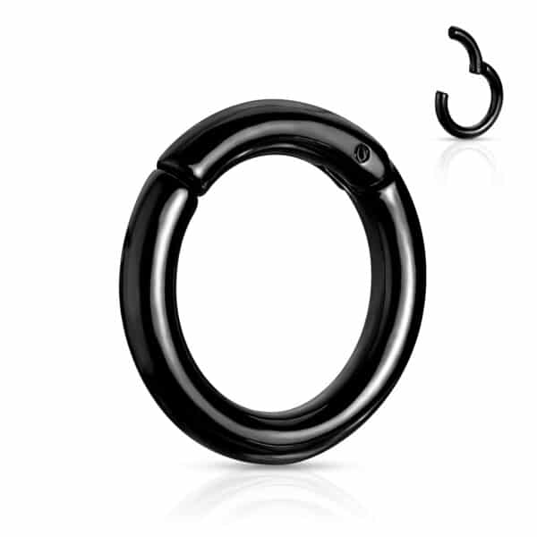 Black 10g surgical steel hinged ring for stretched lobe or helix piercing