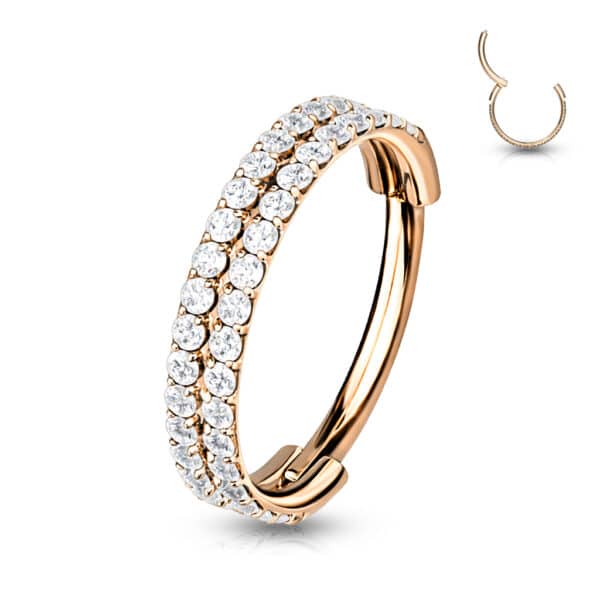 16g rose gold diamanté hinged ring – 10mm diameter, suitable for helix, lobe, conch, or lip piercings