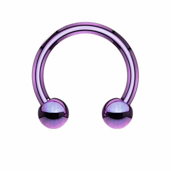 16g purple PVD plated stainless steel circular barbell with ball ends, available in 8mm and 10mm diameters