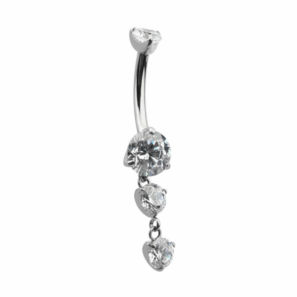 Elegant silver titanium belly bar with triple cubic zirconia dangle