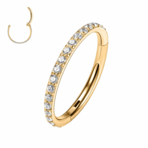 Gold 12mm titanium hinged ring with outer clear diamantes, suitable for healed conch or lobe piercings.