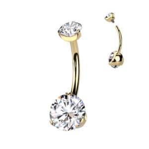 Gold titanium belly bar with clear 5mm and 8mm crystal gems