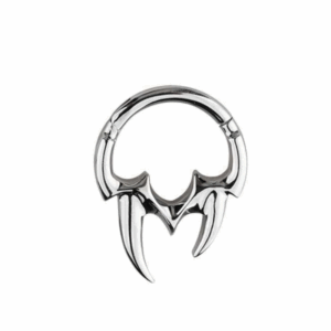 Silver titanium hinged ring with clawed fang-like design, 16g, shown in 8mm or 10mm options for septum, daith, smiley, or helix.