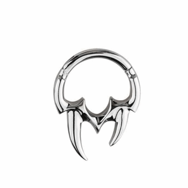 Silver titanium hinged ring with clawed fang-like design, 16g, shown in 8mm or 10mm options for septum, daith, smiley, or helix.