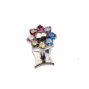 Colourful flower-shaped titanium labret stud with rainbow gems, 16g internally threaded