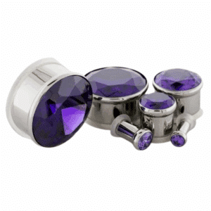 Midnight Tanzanite Tunnel with dark purple gem in stainless steel single flare plug