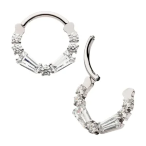 Titanium sparkle clicker with baguette and round CZ stones for septum or daith