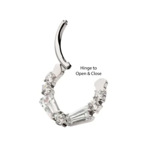 Titanium sparkle clicker with baguette and round CZ stones for septum or daith