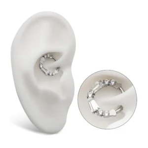 Titanium sparkle clicker with baguette and round CZ stones for septum or daith
