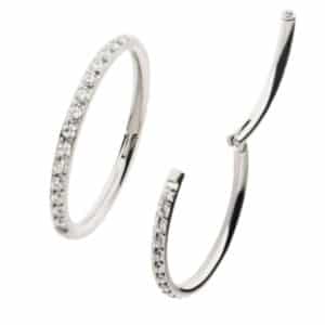 Silver 12mm titanium hinged ring with clear diamantes, suitable for healed conch or lobe piercings.