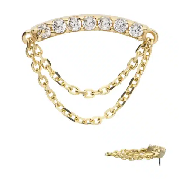 14Kt Yellow Gold CZ curve bar with dangle chain for helix piercing