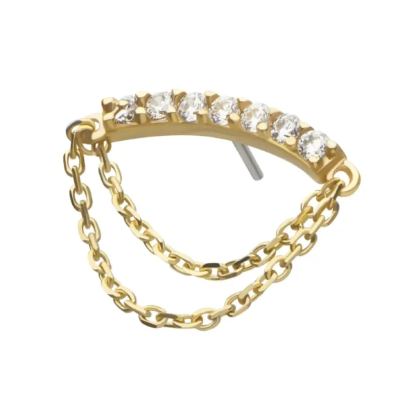 14Kt Yellow Gold CZ curve bar with dangle chain for helix piercing