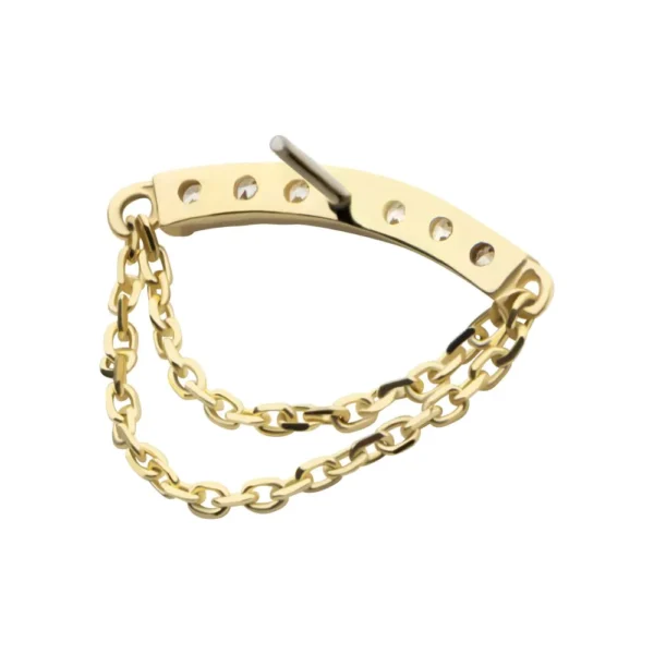14Kt Yellow Gold CZ curve bar with dangle chain for helix piercing