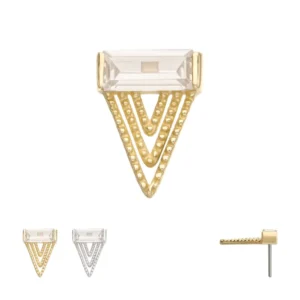 14Kt gold threadless triangular baguette gem top with CZ and triangle bars