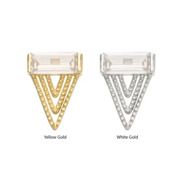 14Kt gold threadless triangular baguette gem top with CZ and triangle bars