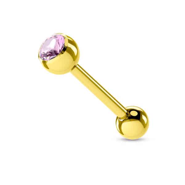 Gold tongue barbell with pink CZ jewel and 5mm balls