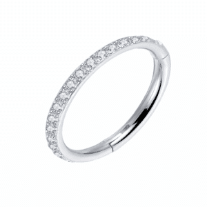 Silver 6mm titanium hinged ring with outward-facing clear diamantes, 16g thickness