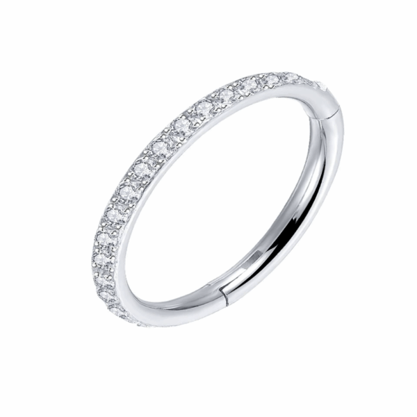 Silver 6mm titanium hinged ring with outward-facing clear diamantes, 16g thickness