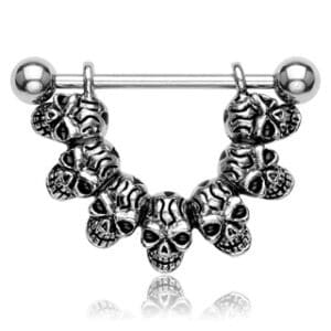 14g surgical steel nipple shield with seven linked skulls, 22mm length, polished silver finish.