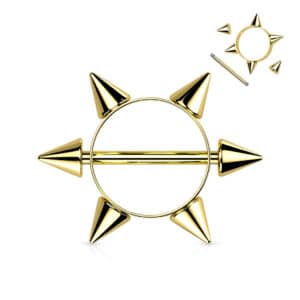 Gold spiked barbell made from surgical stainless steel with 14g thickness and 16mm length