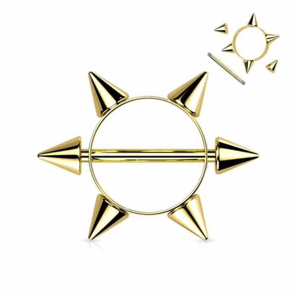 Gold spiked barbell made from surgical stainless steel with 14g thickness and 16mm length