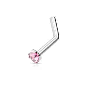Silver L-shaped nose stud with light pink 2mm gem, 18g thickness