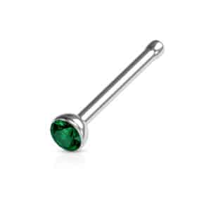 Silver nose pin with emerald cubic zirconia jewel and smooth bezel setting