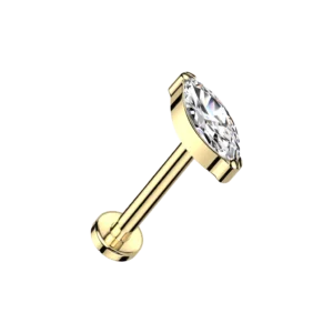 Gold titanium internally threaded marquise labret with single gem, 16g 8mm.