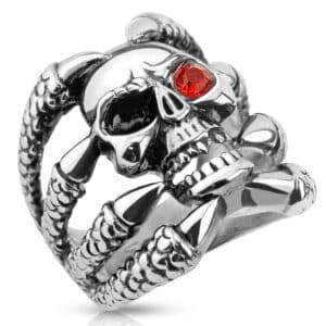 Stainless steel clawed skull biker ring with red CZ eye, size 14