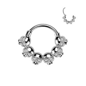 Silver skull-lined hinged ring, 16GA, made from 316L surgical stainless steel