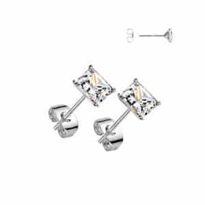 Pair of .925 sterling silver martini stud earrings with 6mm square clear CZ gemstones, platinum finish.