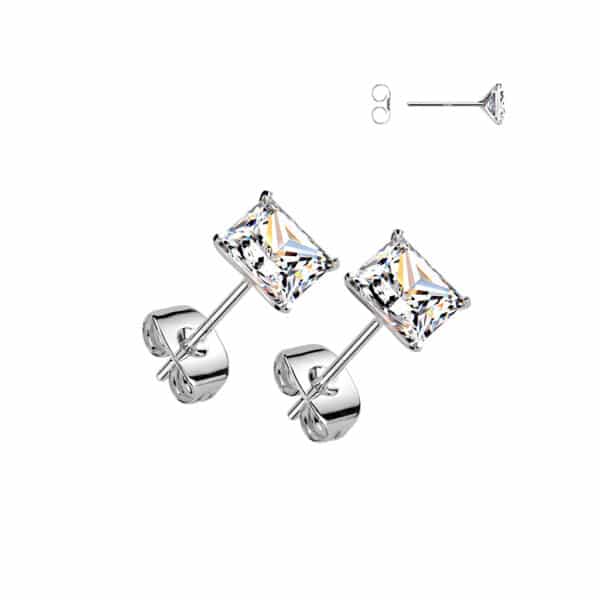 Pair of .925 sterling silver martini stud earrings with 6mm square clear CZ gemstones, platinum finish.
