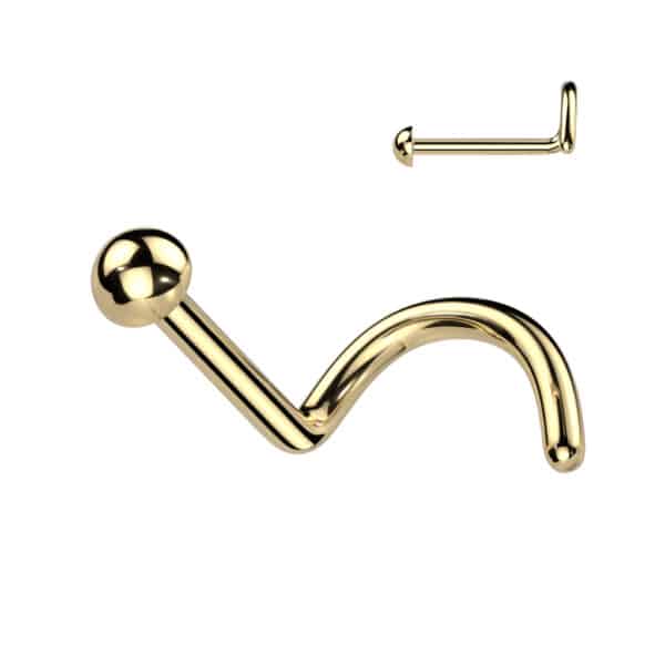 20g gold dome nose screw, 2mm top, 316L stainless steel, tarnish-resistant, waterproof