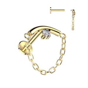 Gold titanium hidden helix labret with chain-linked bar and clear prong-set cubic zirconia