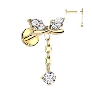 Titanium labret with marquise CZ bow and dangling cubic zirconia charm