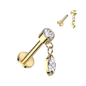 Gold titanium teardrop dangle labret bar for tragus, conch, or helix piercing