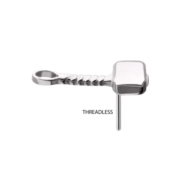 Official licensed Marvel 14kt white gold Thor’s Hammer threadless top with 316LVM steel pin, 10mm length, 4.7mm width. Threadless post not included.